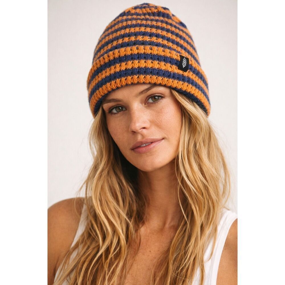 Free People Stripe ItβUp Beanie Varsity Orange Blue Waffle Knit One Size , NWT